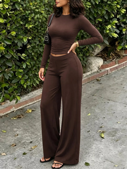 Women's Long Sleeve Crop Top & Wide-Leg Pants Set – view 2
