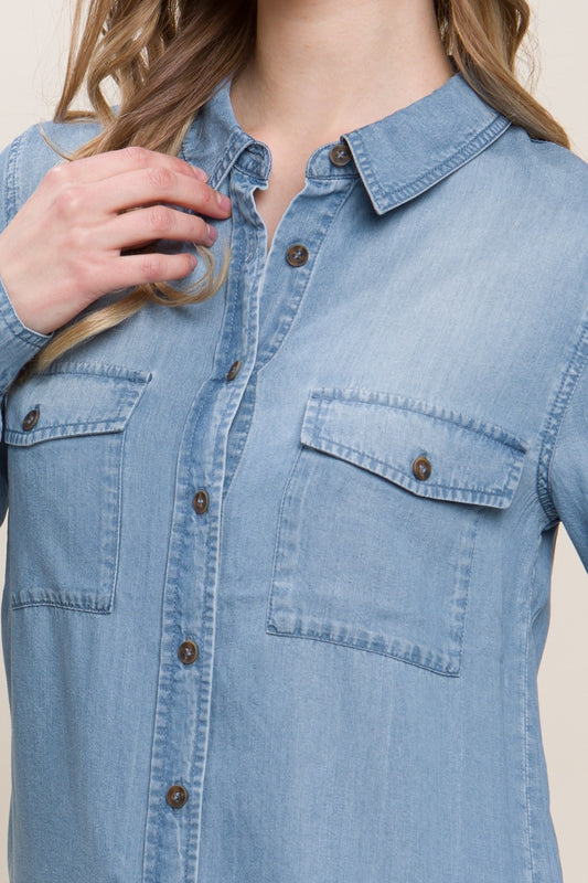 Love Tree Scooped Hem Button Up Denim Shirt Shop One Place