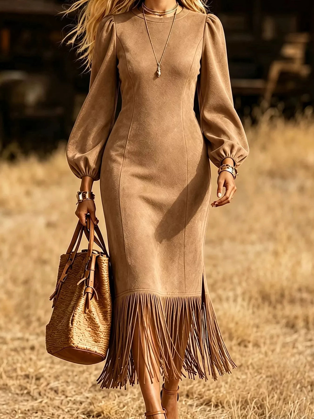 Women's Fringe Hem Balloon Sleeve Midi Dress – view 8
