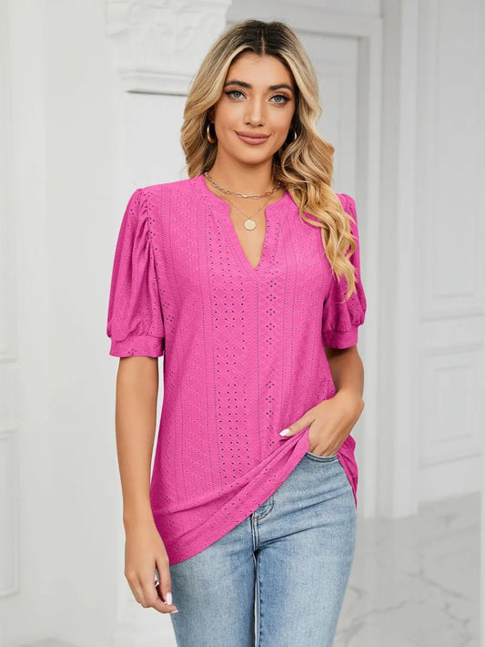 Florira Eyelet Notched Short Sleeve T-Shirt Shop One Place