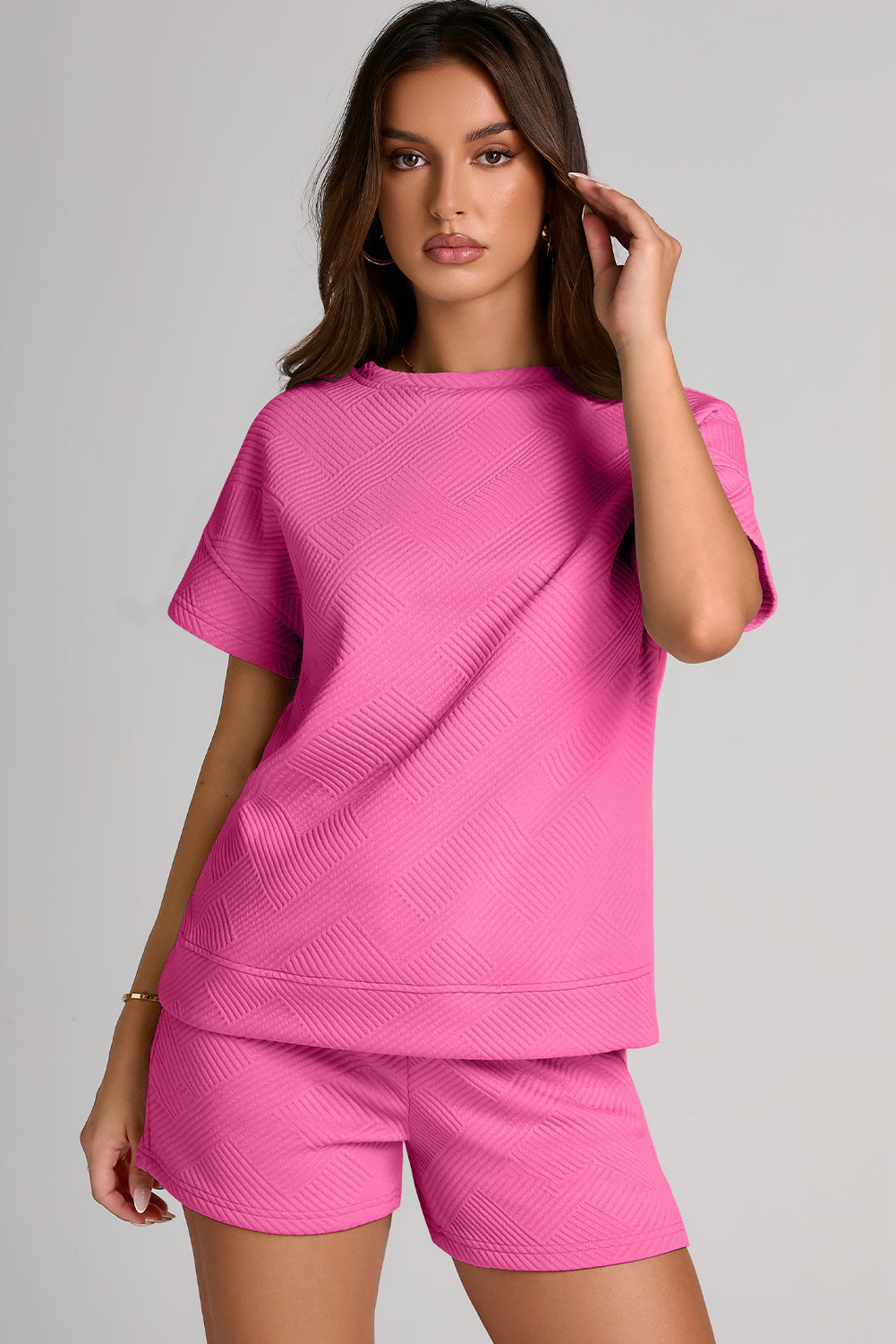 Textured Round Neck T-Shirt and Shorts Set Shop One Place