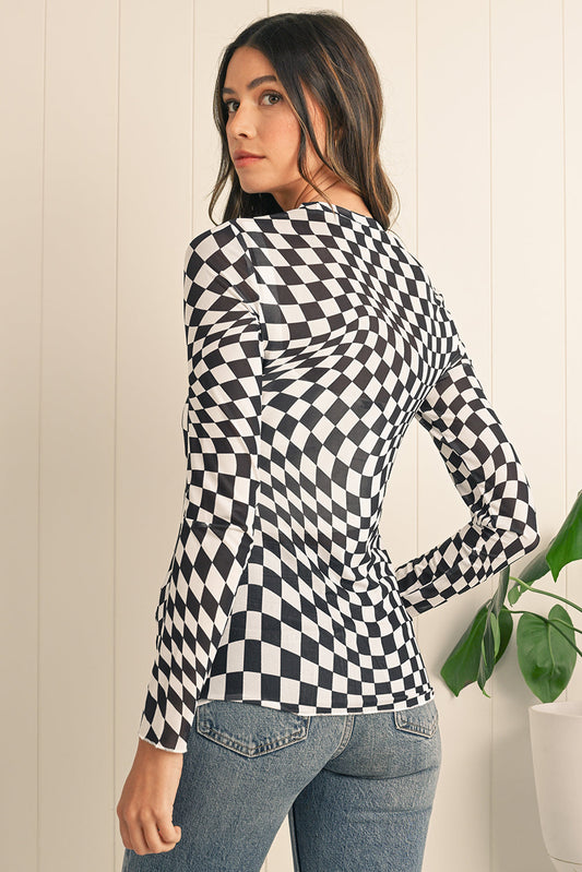 Black Checkered Pattern Mesh Long Sleeve Top Shop One Place