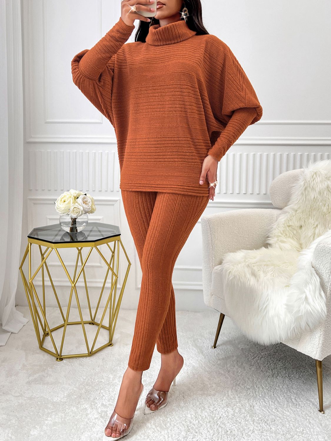 Turtleneck Batwing Sleeve Top and Pants Set Shop One Place