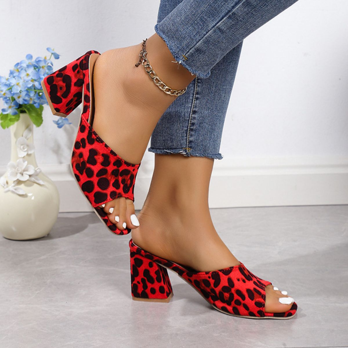 Leopard Block Heel Suede Sandals Shop One Place