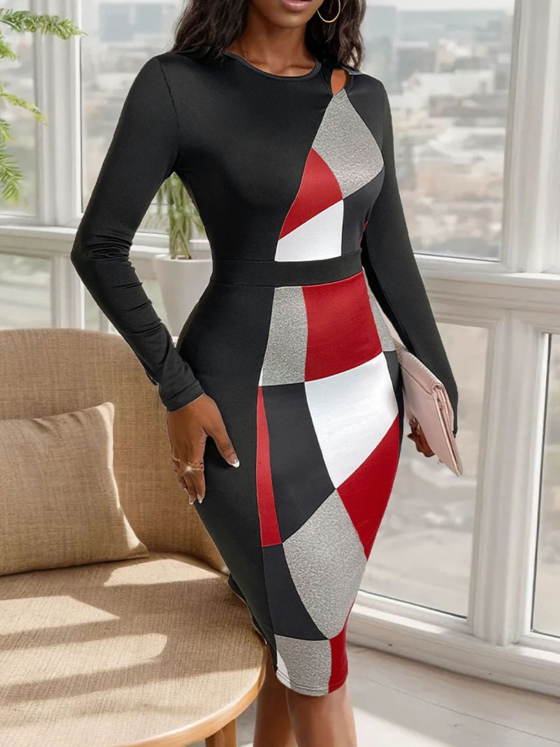 Cutout Color Block Round Neck Long Sleeve Dress Shop One Place