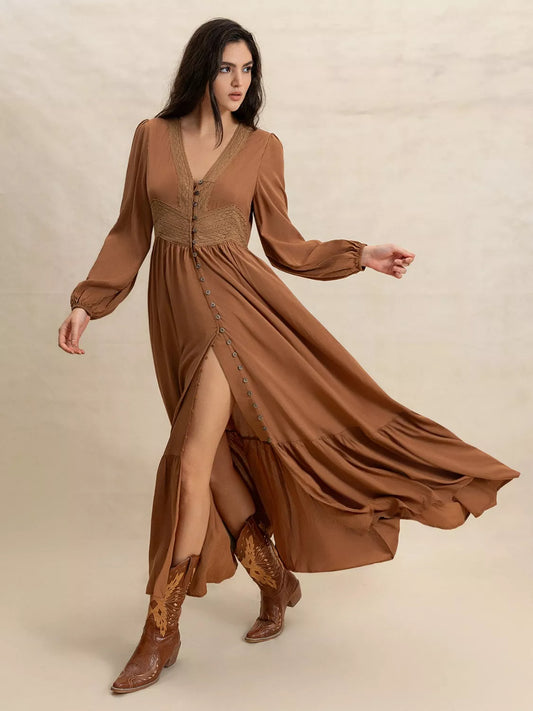 Long Sleeve Button-Front Maxi Dress Shop One Place