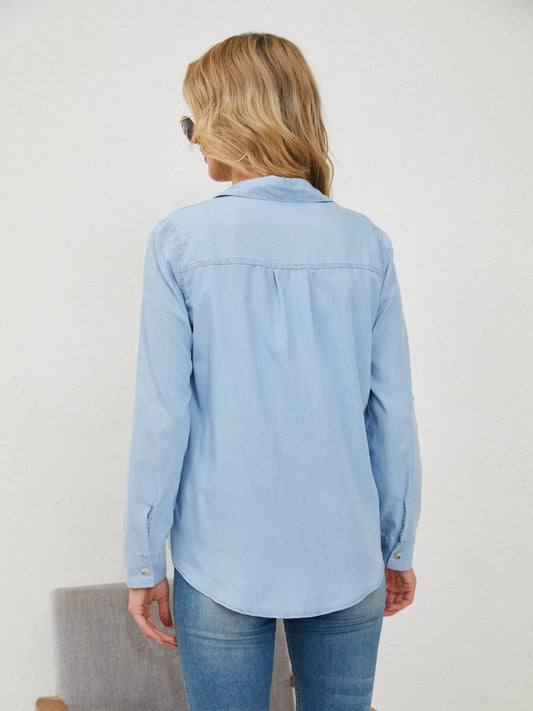 Pocketed Button Up Long Sleeve Denim Shirt Shop One Place