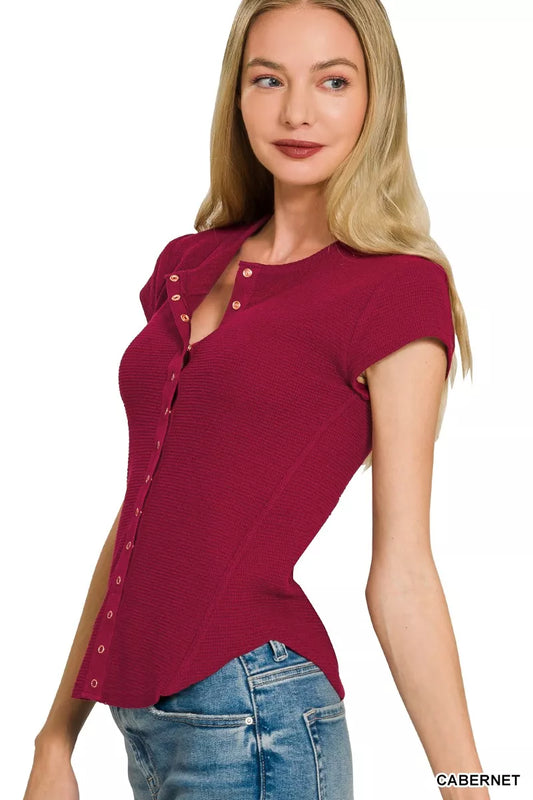 Zenana Double Knit Snap Button Short Sleeve Shirt Shop One Place