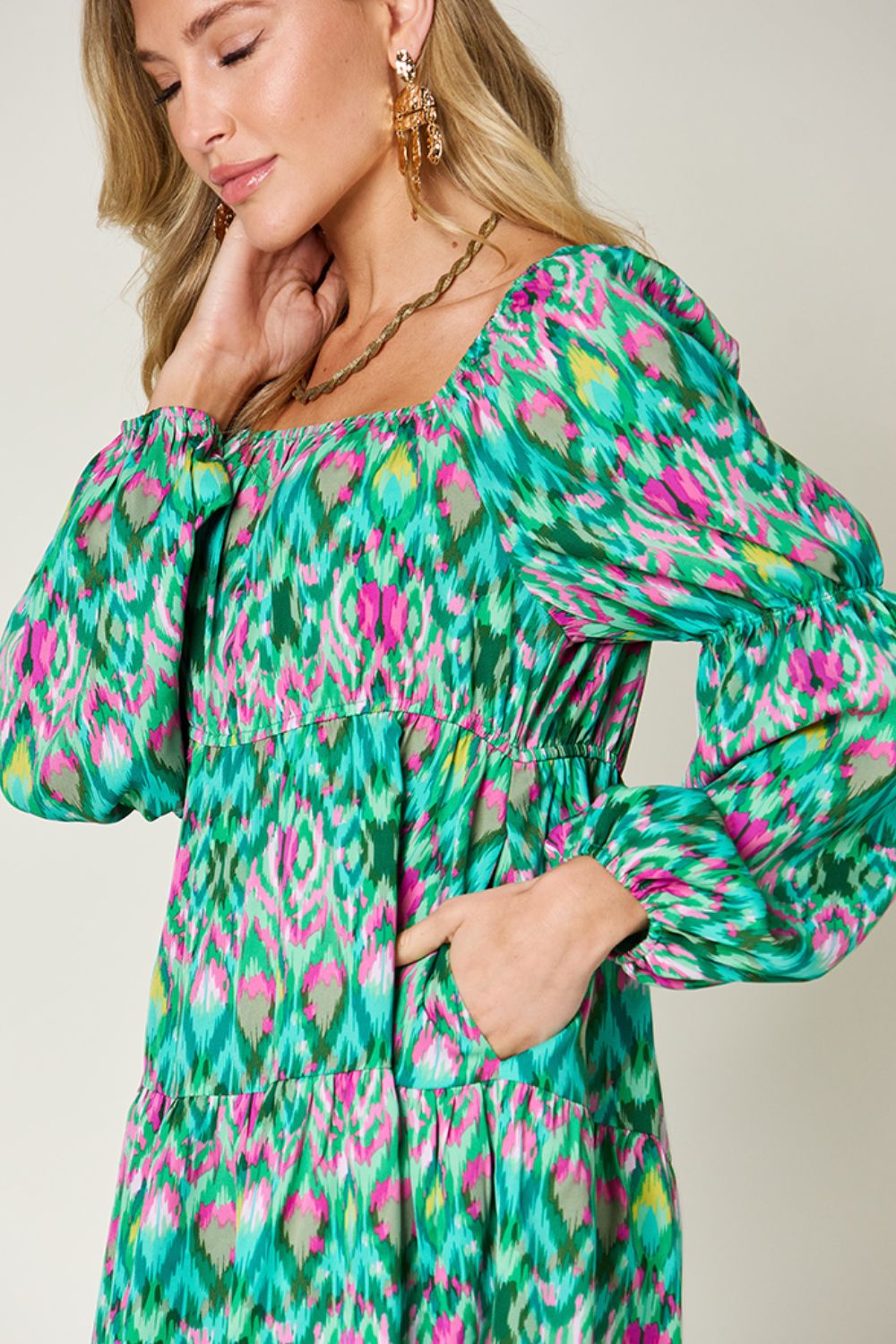 Double Take Full Size Printed Long Sleeve Dress Shop One Place