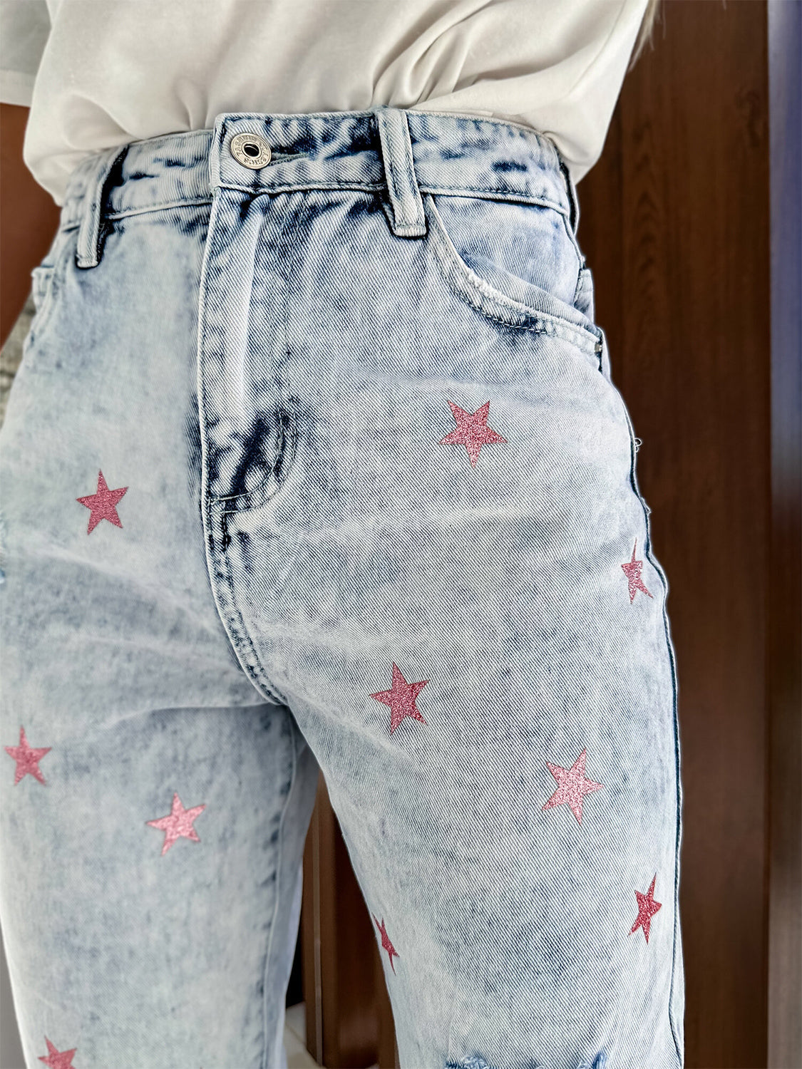 Distressed Star Straight Jeans with Pockets Shop One Place