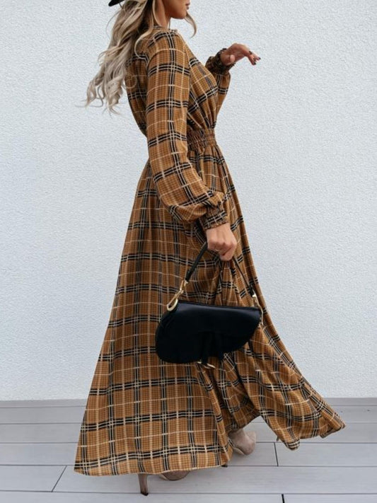 Slit Plaid Tie Neck Long Sleeve Maxi Dress Shop One Place