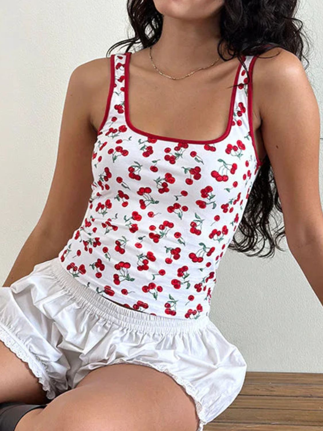 Cherry Print Square Neck Tank Shop One Place