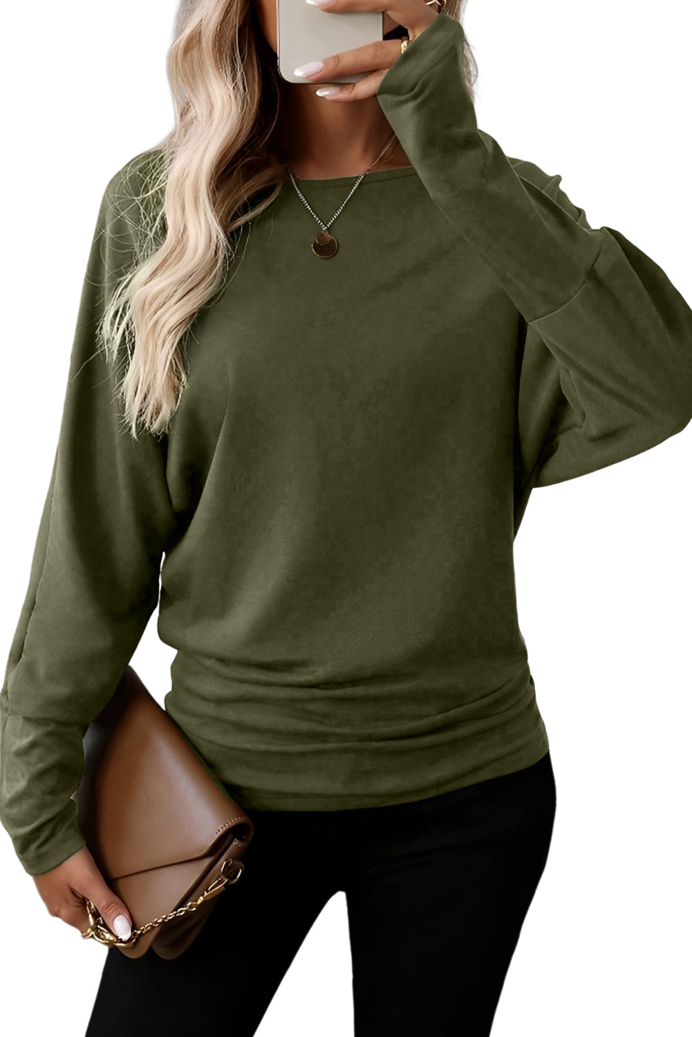 Green Solid Color Round Neck Dolman Sleeve Top Shop One Place