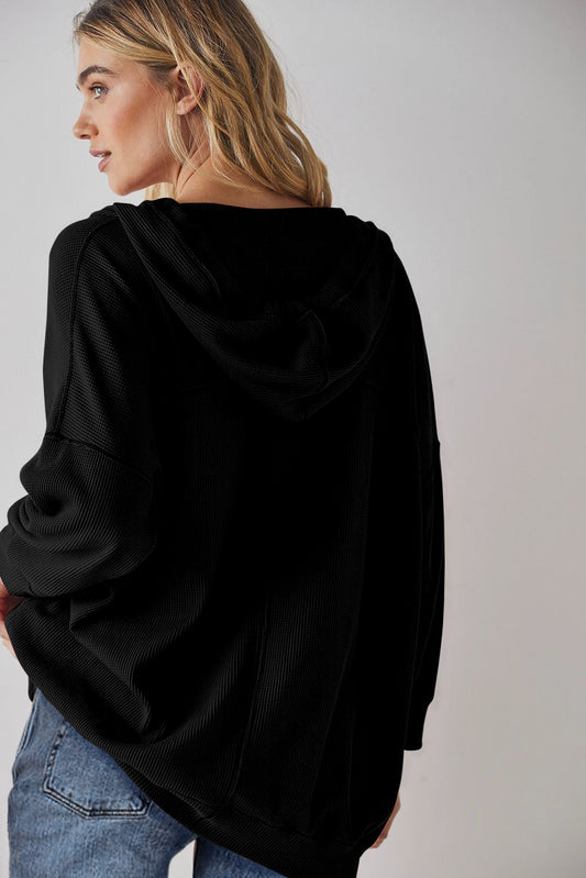 Black Oversize Waffle Drop Shoulder Exposed Seam V Neck Hoodie Shop One Place