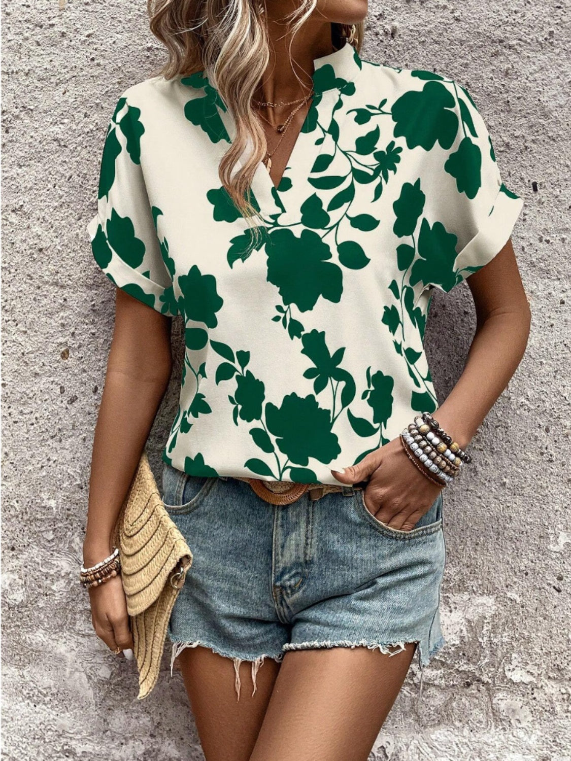 Flower Notched Short Sleeve Blouse Shop One Place