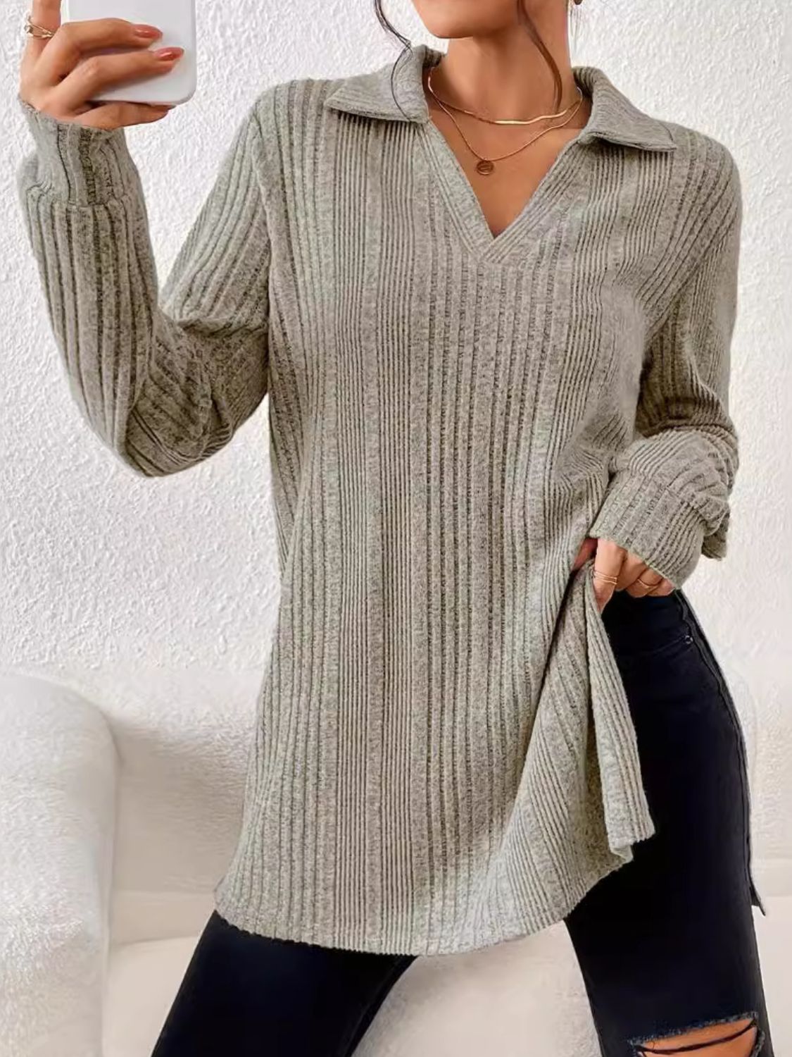 Slit Johnny Collar Long Sleeve Top Shop One Place