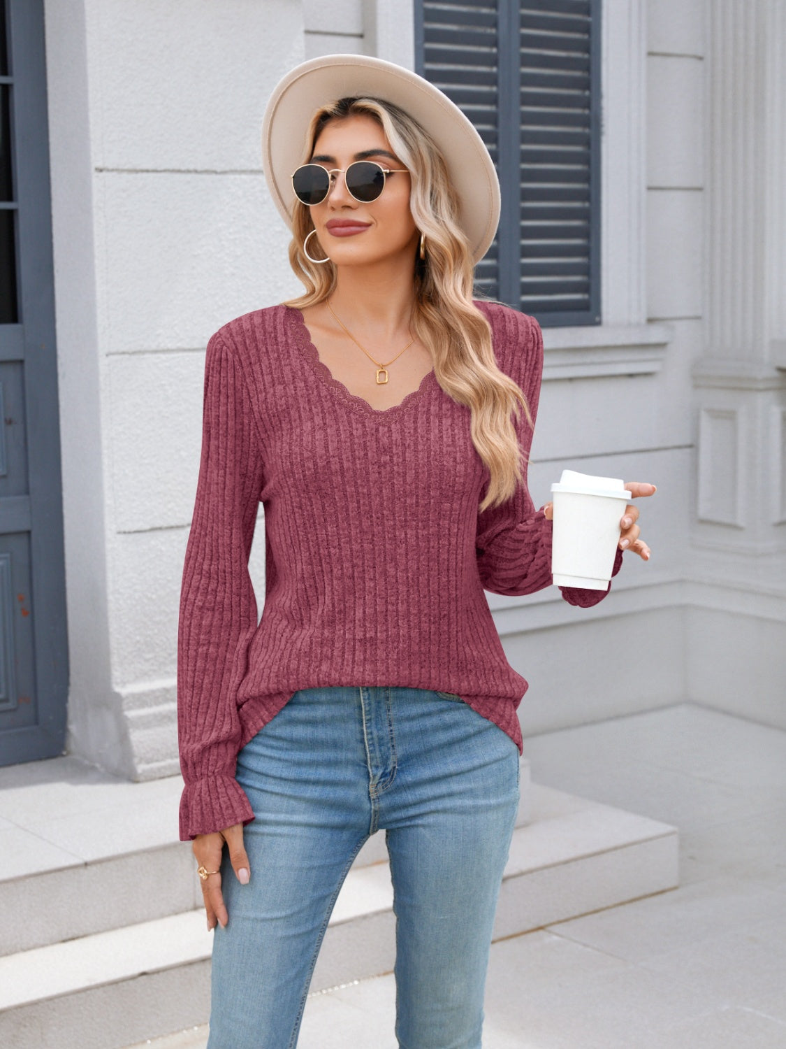 Lace Detail V-Neck Long Sleeve T-Shirt Shop One Place