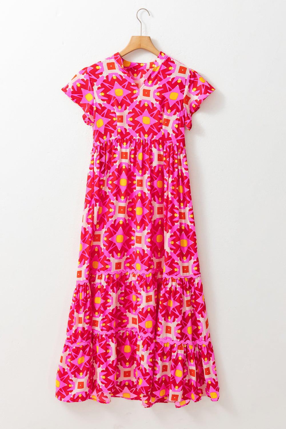 Strawberry Pink Abstract Print Pleated Flounce Sleeve Maxi Dress Shop One Place