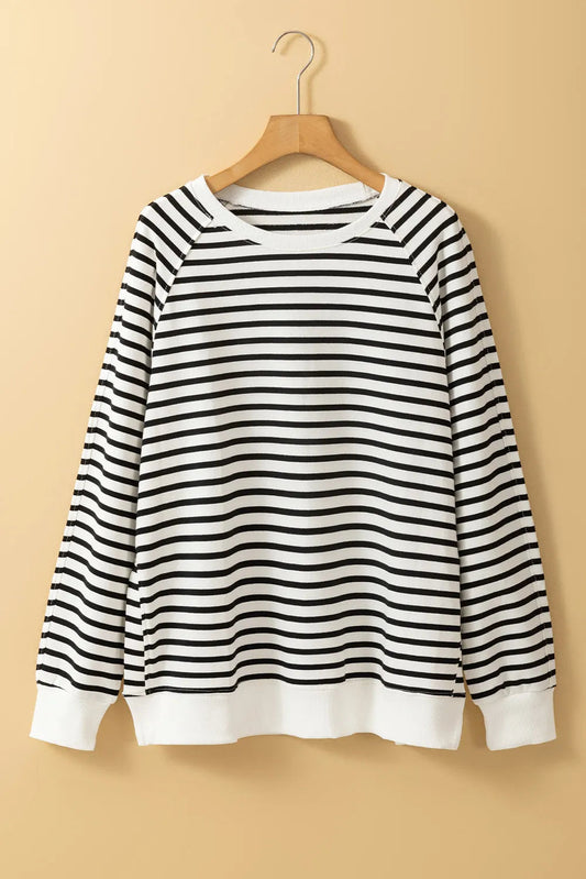 Slit Striped Round Neck Long Sleeve Sweatshirt Shop One Place