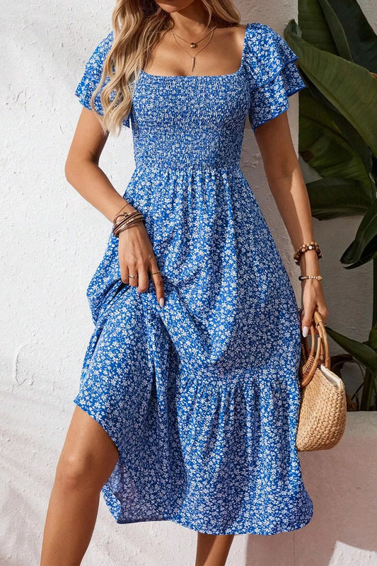 Ditsy Floral Print Smocked Square Neck Ruffle Short Sleeve Dress Shop One Place
