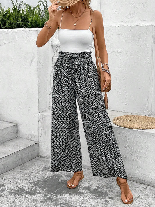 Black Floral Shirred Side Slit Wide Leg Pants Shop One Place