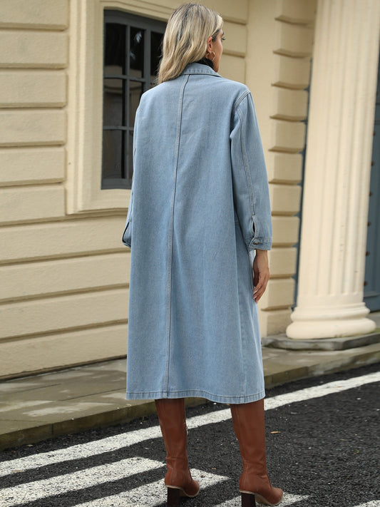 Pocketed Button Down Collared Neck Denim Jacket Shop One Place