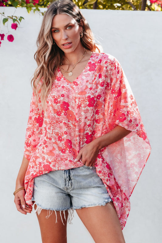 Floral V-Neck Three-Quarter Sleeve Blouse Shop One Place