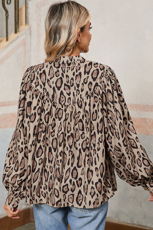 Light French Beige Leopard Print Balloon Sleeve Loose Blouse Shop One Place
