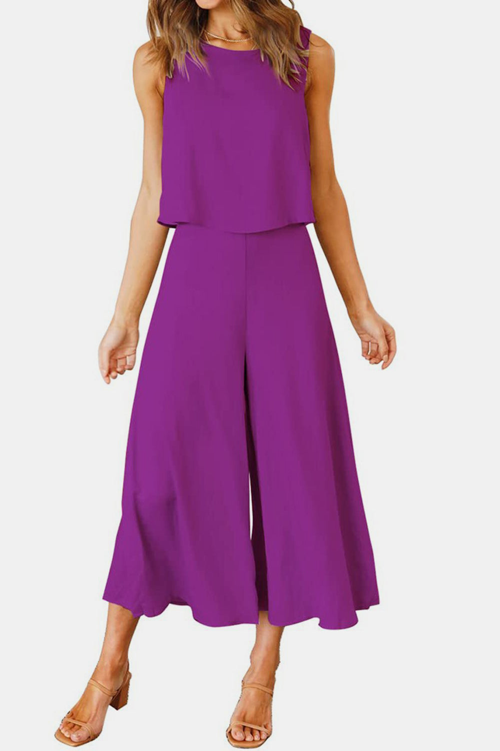 Round Neck Top and Wide Leg Pants Set Shop One Place