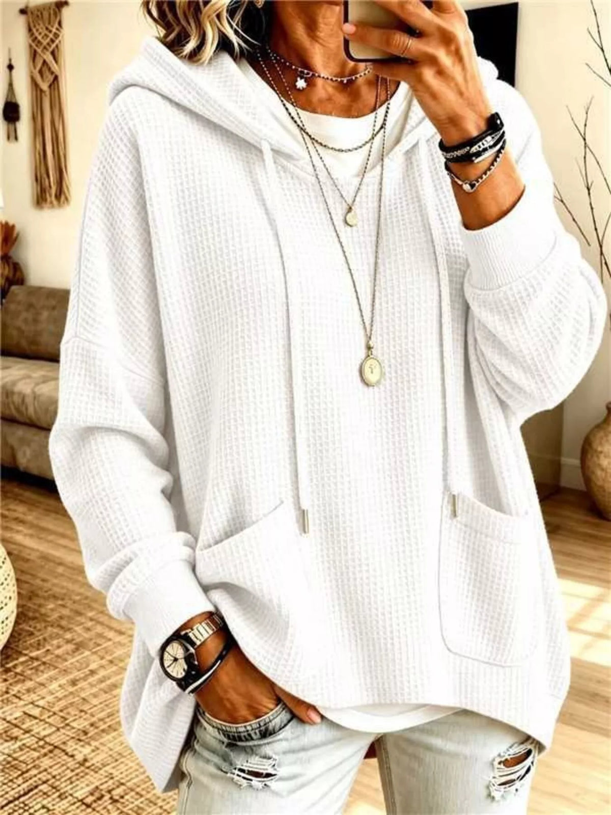 Women's Waffle Knit Hoodie with Pockets – view 9