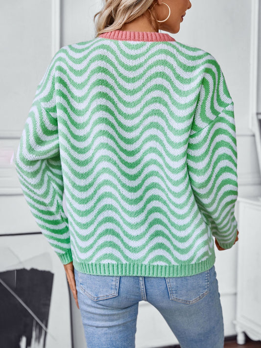 Wavy Stripes Round Neck Long Sleeve Sweater Shop One Place