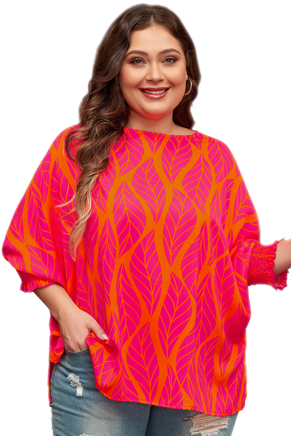 Rose Tropical Leaf Print Smocked Plus Size Dolman Top Shop One Place