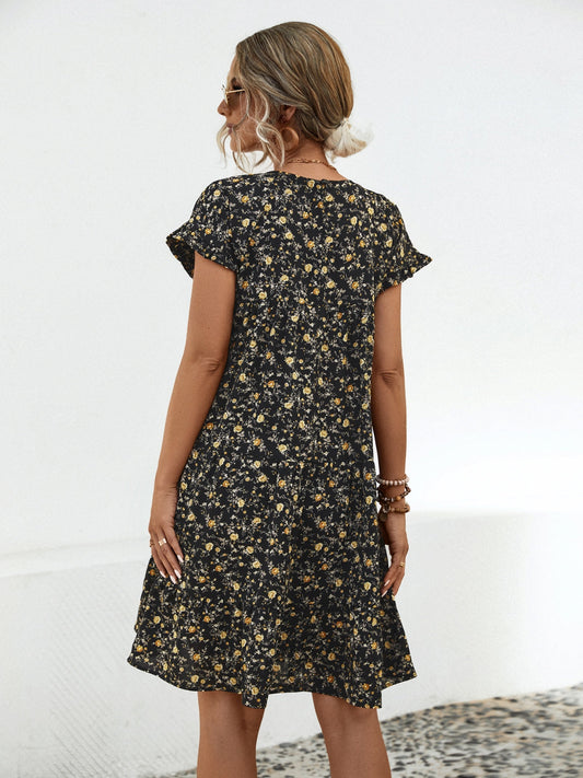 Frill Floral Round Neck Short Sleeve Tiered Dress Shop One Place