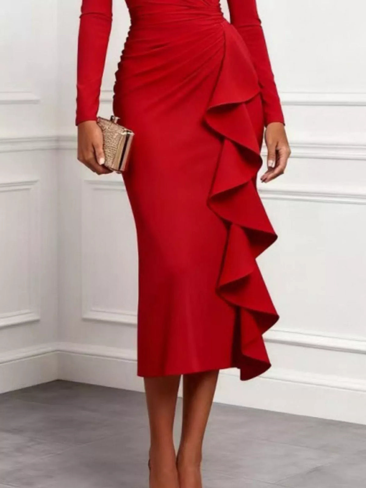 Ruffled Surplice Long Sleeve Dress Shop One Place