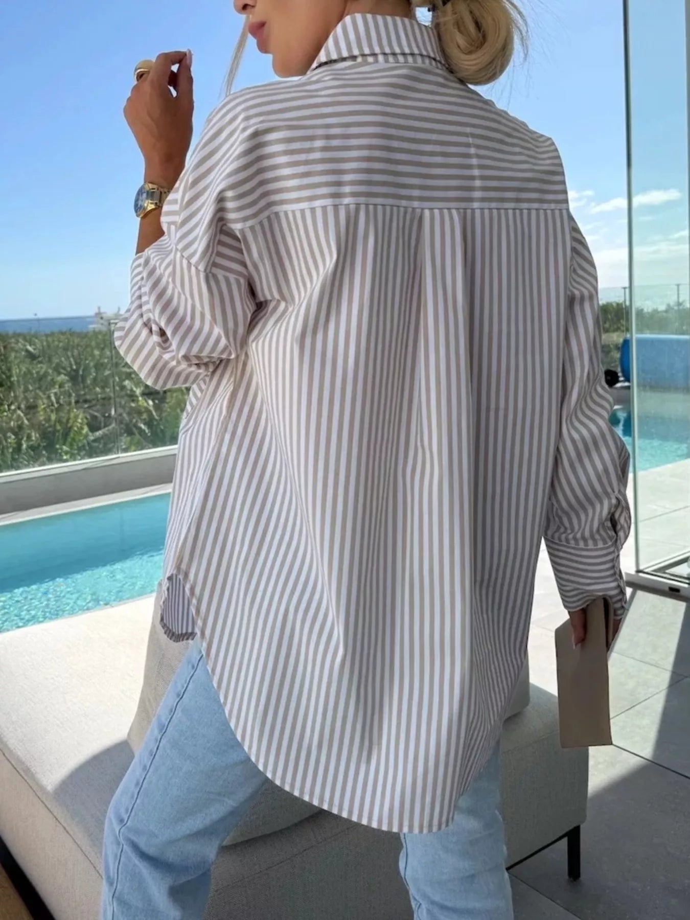Striped Oversized Button-Down Shirt Shop One Place