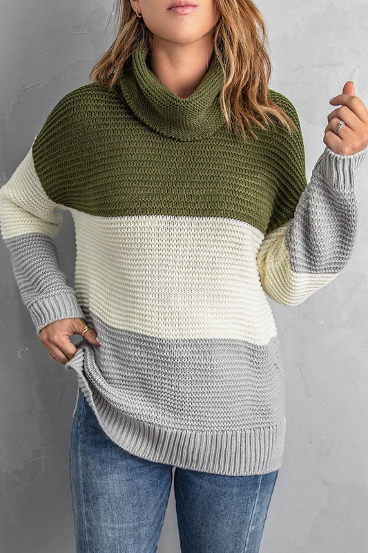 Color Block Turtleneck Long Sleeve Sweater Shop One Place