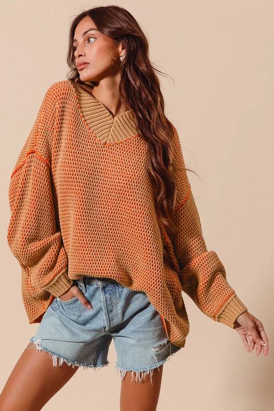 SO ME Oversized Two Tone Textured V Neck Sweater Shop One Place