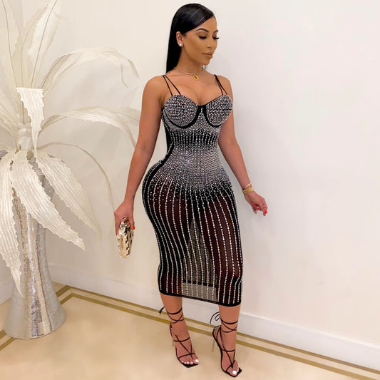 Women Sling Rhinestone Perspective Slim Dress Shop One Place