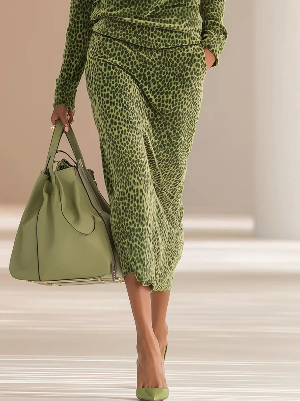 Leopard Print Velour Quarter-Zip Top and Skirt Set in Moss