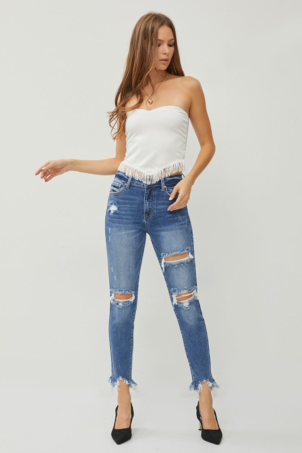 RISEN Distressed Frayed Hem Slim Jeans Shop One Place