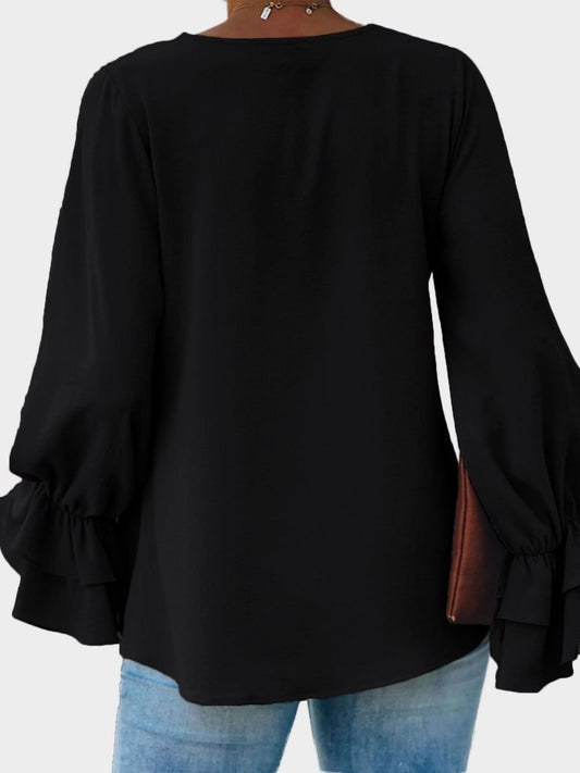 Round Neck Double-Layered Flounce Sleeve Top Shop One Place