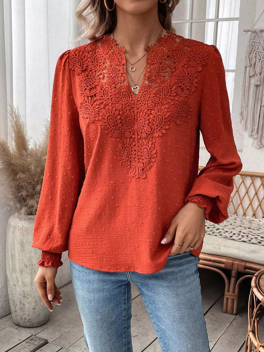 Swiss Dot Lace Detail Long Sleeve Blouse Shop One Place