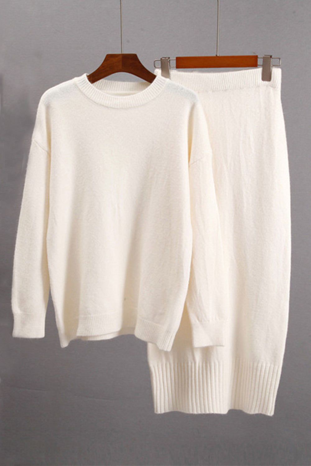 Round Neck Dropped Shoulder Top and Skirt Sweater Set Shop One Place