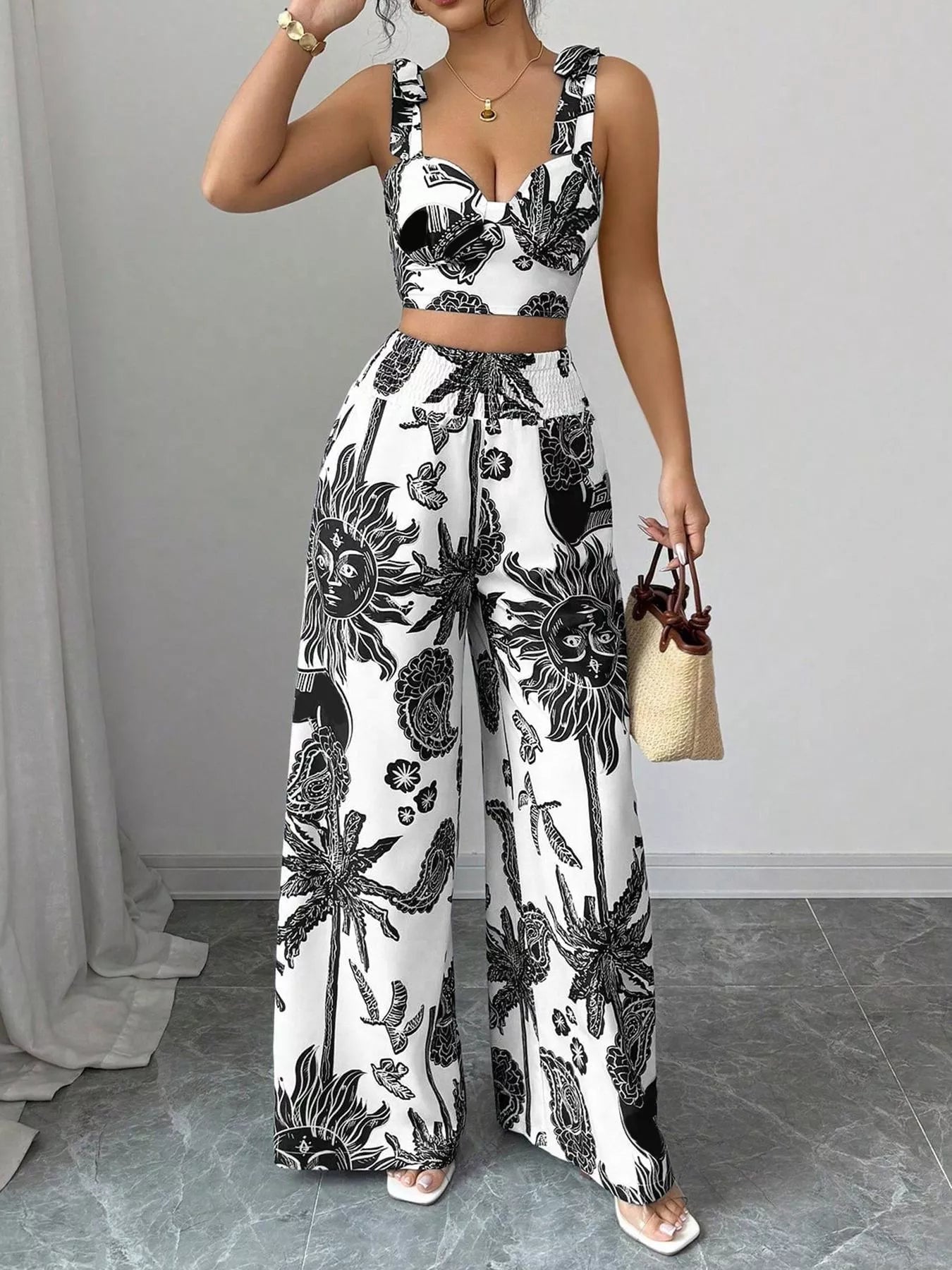 Floral Print Smocked Crop Top & Wide-Leg Pants Set – Women’s Two-Piece Outfit Shop One Place