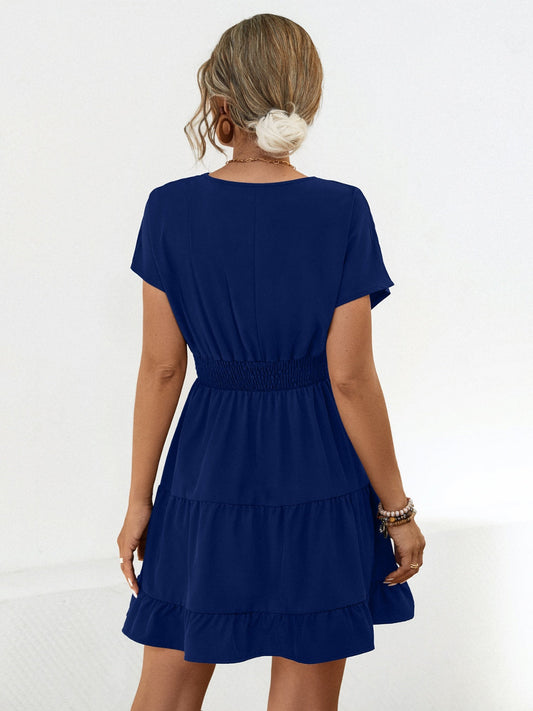 Ruffled Smocked V-Neck Tiered Dress Shop One Place