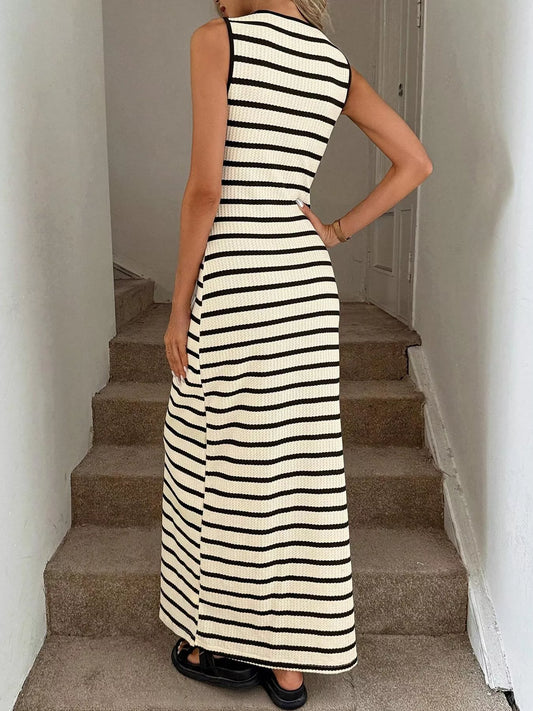 Striped Button-Front Sleeveless Maxi Dress – Cotton Blend Slit Dress for Women Shop One Place