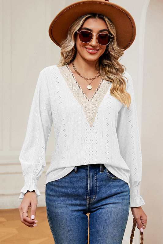 Eyelet V-Neck Flounce Sleeve T-Shirt Shop One Place