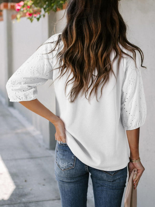 Eyelet Tie Neck Three-Quarter Sleeve Blouse Shop One Place