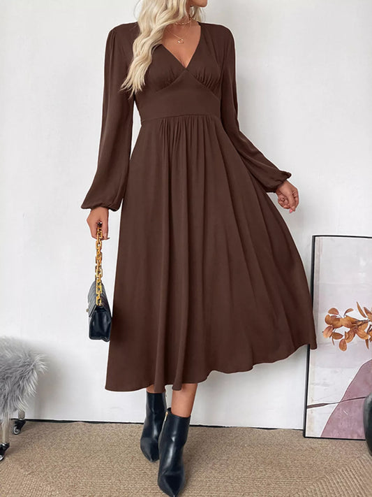 V-Neck Long Sleeve A-Line Midi Dress Shop One Place