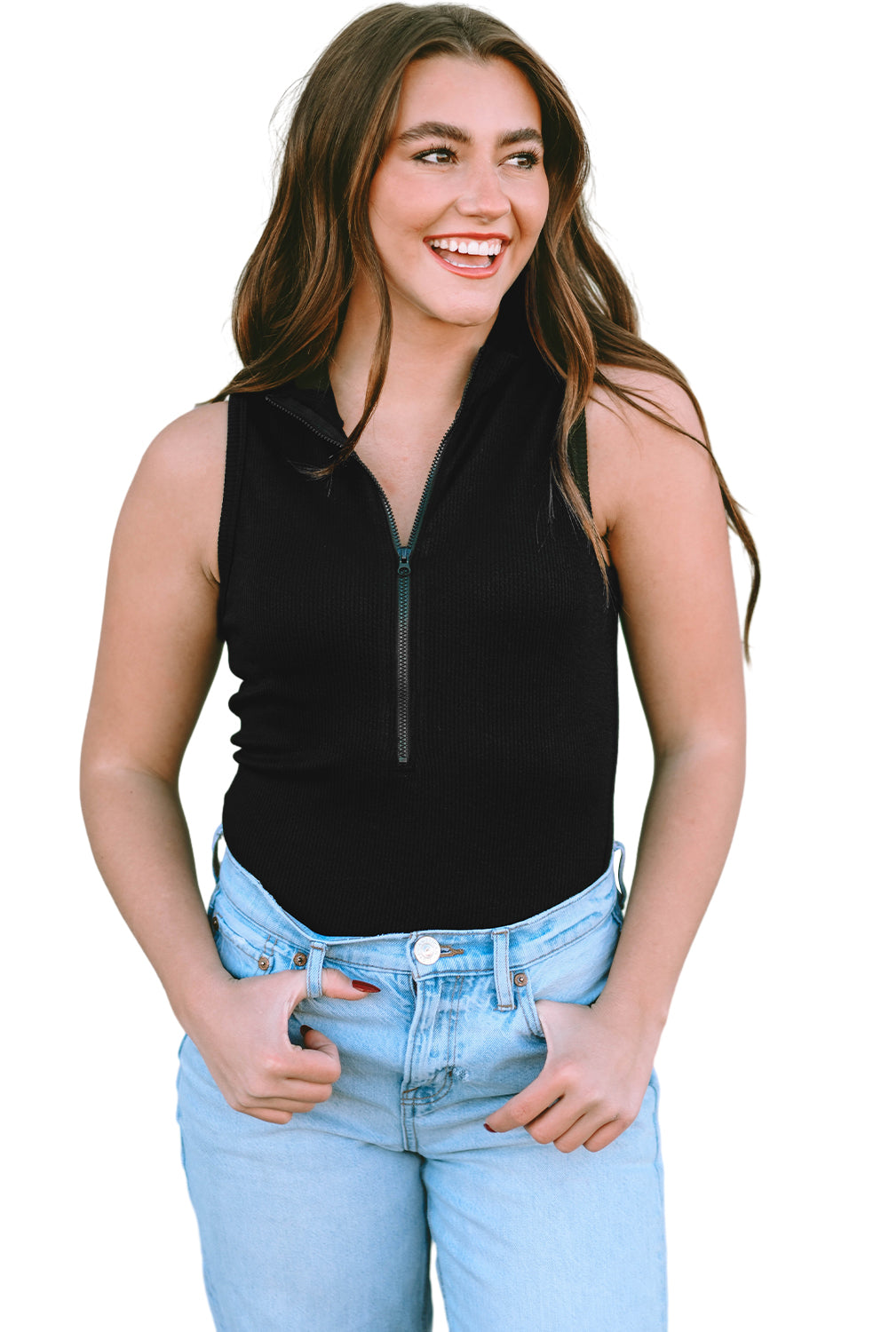 White Zip Up Mock Neck Ribbed Sleeveless Bodysuit Shop One Place